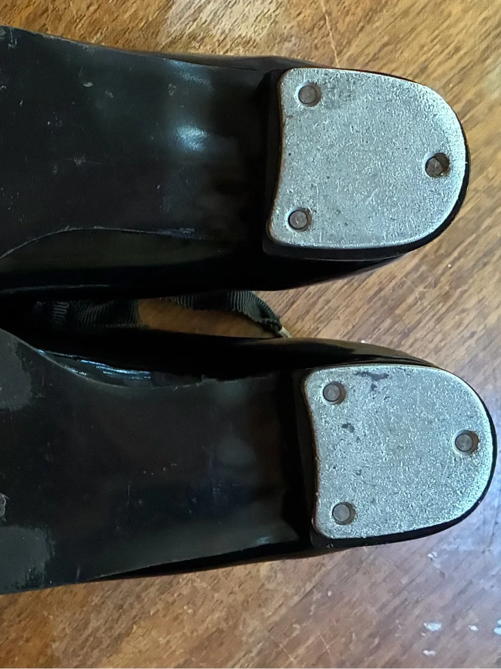 Vintage Dance Mate Kids Black Patent Leather Tap Shoes with Ribbon Laces